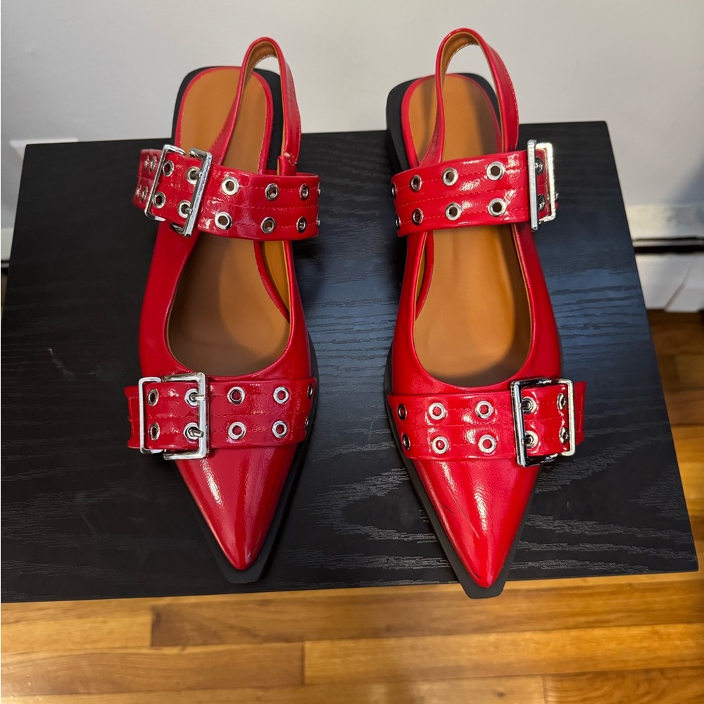 Red Pointed Slingback Mules with Decorative Buckles